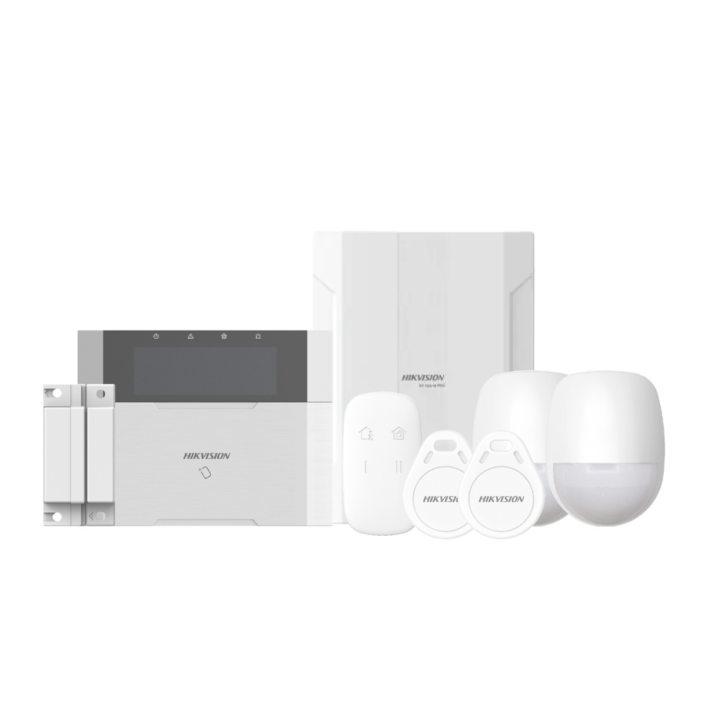 KIT ALARMA HIKVISION AX HÍBRIDA PRO (433MHZ) INCLUYE: DS-PHA64-LP -2 DS-PK1-LRT-HWB - 1 DS-PD1-MC-WS - 1 DS-PDP18-EG2 - 2 DS-PKF1-WB - 1 DS-PT-M1